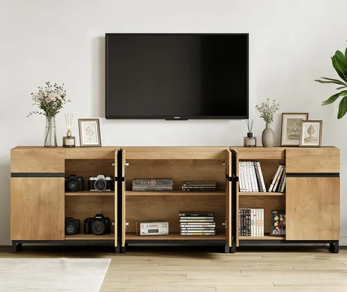 Miniatura 3 de WAMPAT Moderno soporte de TV para televisores de hasta 100 pulgadas, centro de entretenimiento de madera 3 en 1 con estantes ajustables y Roble