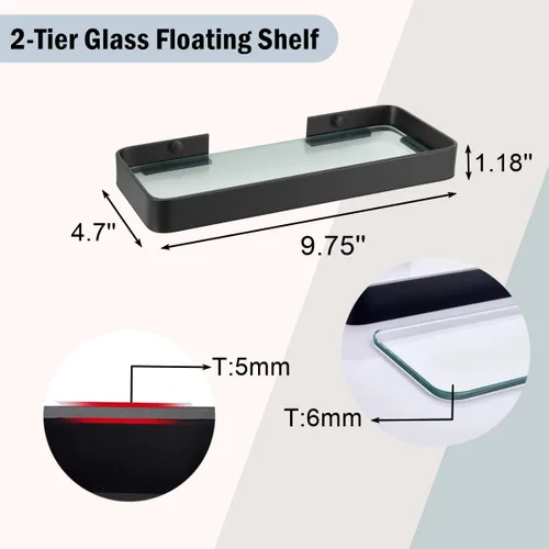 Miniatura 3 de Z metnal Estantes de baño de vidrio templado, estante flotante negro mate para pared, estante de pared para organizador de baño, marco de aluminio