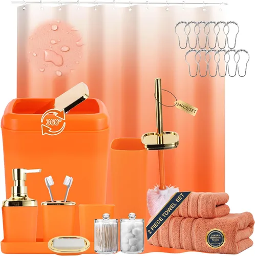 Miniatura 30 de XLHOMO - Juego de baño beige de plástico de 9 piezas, con basurero, dispensador de jabón, portacepillos de dientes, vaso, jabonera, cepillo