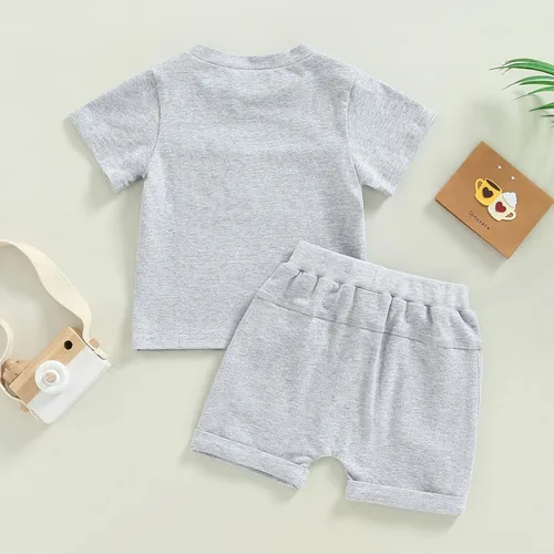 Miniatura 86 de Conjunto de traje de verano para bebé niño pequeño, manga corta, cuello redondo, letras impresas, lindo traje de verano, conjunto de 2 piezas