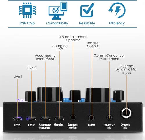 Miniatura 2 de Pyle PKSCRD208 - Mini interfaz de audio Bluetooth, mezclador de podcasts, transmisión en vivo para PC y iPhone, cambiador de voz V8 con 12 efectos
