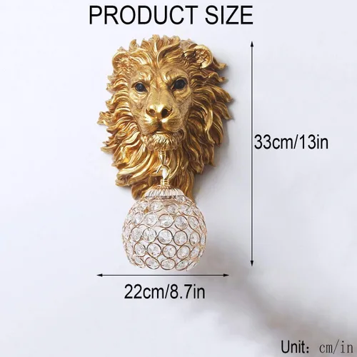 Miniatura 6 de Juego de 2 apliques de pared con cabeza de león dorados, lámpara de pared moderna de lujo con forma de globo de cristal, cabeza de animal de resina