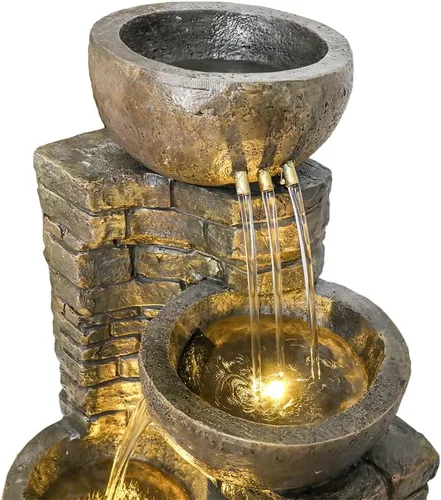 Miniatura 6 de Hamiedun Fuente de agua de 38.2 pulgadas de alto para exteriores, cuencos en cascada y piedras apiladas con luces LED, fuente de cascadas