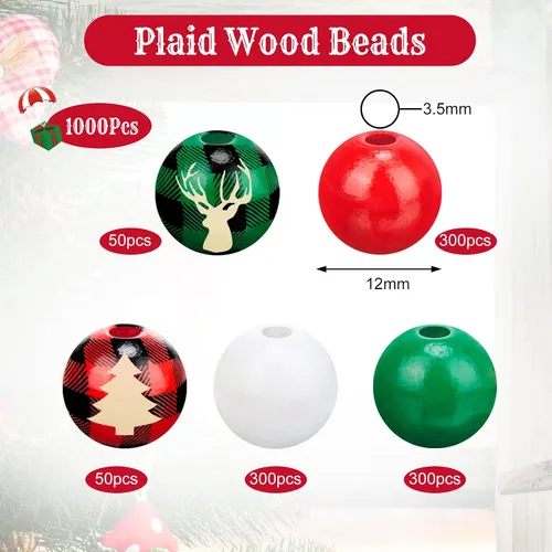 Miniatura 2 de 1000 cuentas de madera a cuadros de 0.472 pulgadas para manualidades, día de San Valentín, Navidad, joyería (rojo, verde, blanco, patrón múltiple)