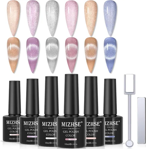 MIZHSE Esmalte de uñas de gel de ojo de gato de 6 colores de 0.3 fl oz x 6 colores, esmalte de gel magnético de cristal con purpurina rosa dorado