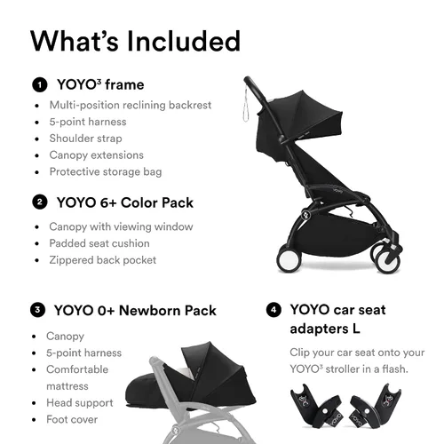 Miniatura 6 de YOYO3 Cochecito de recién nacido a niño pequeño: incluye marco negro, paquete de 6 colores negro, paquete negro 0+ recién nacido y adaptadores