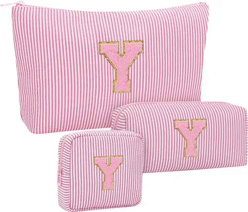 Miniatura 110 de Juego de bolsas de maquillaje con iniciales para niñas y mujeres, bolsa de cosméticos con monograma con soporte para cepillos, estuche de maquillaje