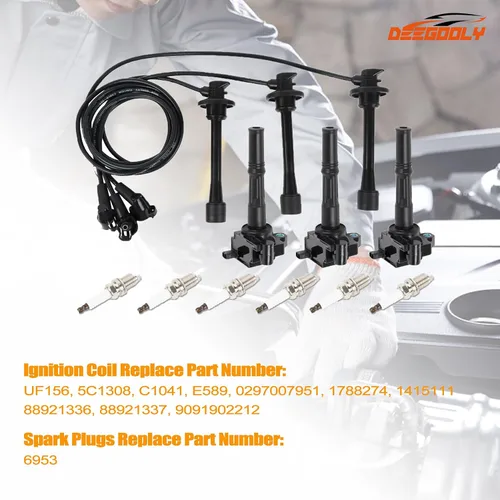 Miniatura 3 de Paquete de 3 bobinas de encendido UF156 y 6 bujías de iridio y 3 cables de bujía compatibles con Toyota 4Runner T100 Tacoma Tundra 1995-2004 3.4L