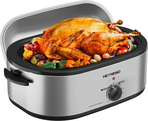 Horno rostizador eléctrico, con tapa y autohumectante, con descongelado y mantenimiento de calor, temperatura ajustable, bandeja y rejilla plateado