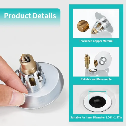 Miniatura 4 de Tapón para lavabo, colador de desagüe para lavabo de baño con colector de pelo, para orificio de desagüe de 1.04''~1.97'', cubierta de desagüe Cromo