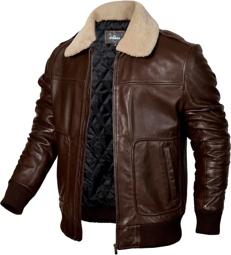 Miniatura 7 de STREGA Chaqueta de cuero para hombre, chaqueta bomber de piel de cordero genuina para hombre, color marrón con cuello Sherpa extraíble, chaqueta