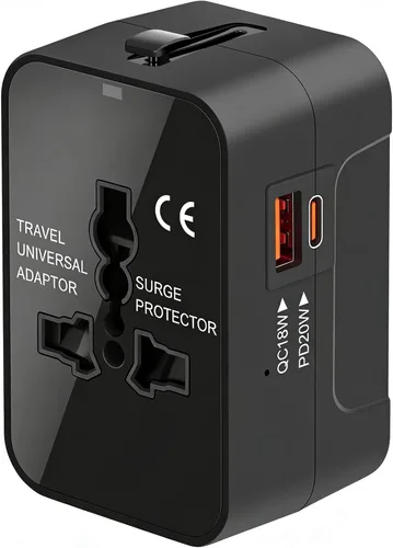 Adaptador de viaje, VCOO Universal todo en uno Todo el Mundo Viaje Adaptador de alimentación, Negro