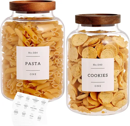 CZHQSMZ Juego de 2 tarros grandes de vidrio con tapa de madera con 132 etiquetas, tarros de almacenamiento de vidrio para harina, pasta, caramelos,