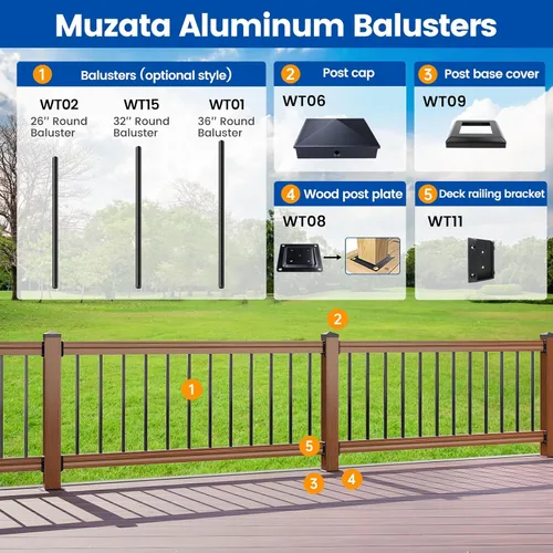 Miniatura 6 de Muzata Paquete de 50 balaustres de cubierta de aluminio de 36 pulgadas redondos, barandillas de cubierta negra, para escaleras, porche, escaleras