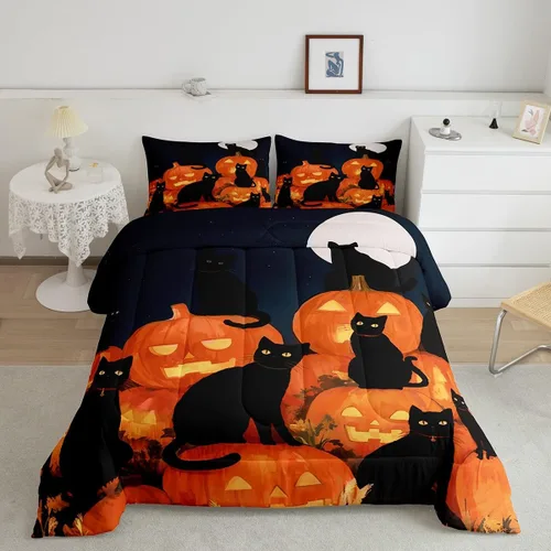 Miniatura 19 de Juego de edredón rosa con temática de Halloween, tamaño individual, edredón de farol de calabaza para adolescentes, juego de ropa de cama de Multi