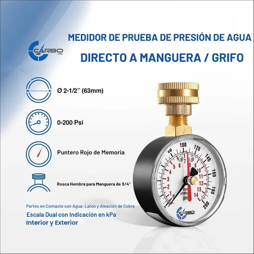 Miniatura 2 de Medidor de prueba de presión de agua de 2-1/2 pulgadas, 0-200 PSI, puntero máximo rojo, rosca de manguera hembra de 3/4 pulgadas, funda resistente a
