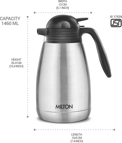 Miniatura 5 de Milton Thermosteel Jarra térmica de doble pared aislada al vacío, 50.7 fl oz, 50 onzas, tapa para prensar y verter, 24 horas de calor y frío, acero