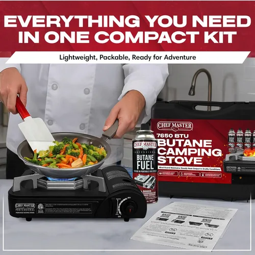 Miniatura 4 de Chef Master Estufa portátil de butano para campamento, encendido piezoeléctrico de 7,650 BTU, quemador de estufa portátil con funda de transporte
