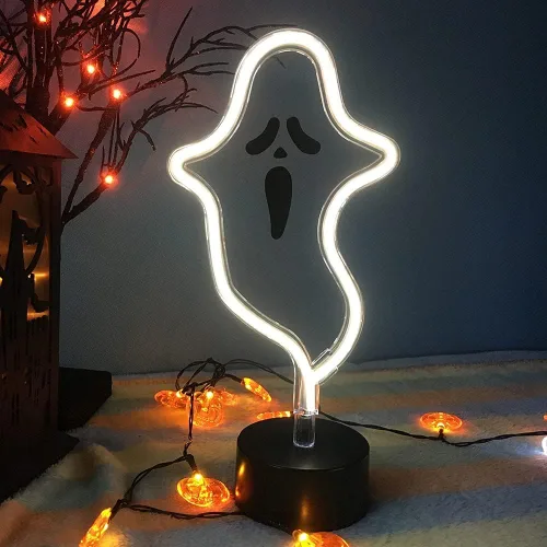 Letrero de neón de fantasma de Halloween, espeluznante fantasma blanco novedoso, decoración de mesa con USB o batería para dormitorio, cocina,
