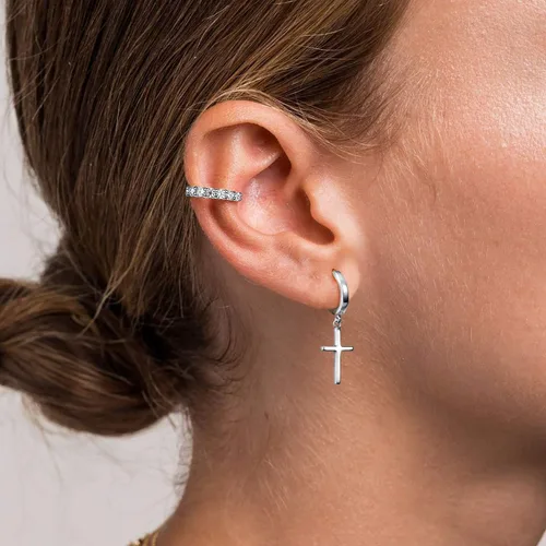 Miniatura 3 de Aretes de cruz de plata de ley 925, delicados aretes de aro para mujeres y hombres