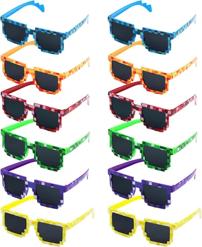 CCINEE Paquete de 12 lentes de sol Pixel de colores surtidos, recuerdos de fiesta de minero, lentes de sol retro para jugadores, lentes pixelados