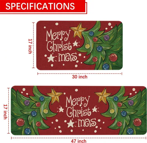 Miniatura 3 de Mloabuc Juego de 2 tapetes de cocina con texto en inglés "Merry Christmas", antifatiga, impermeables, resistentes a las manchas, color azul, Navidad