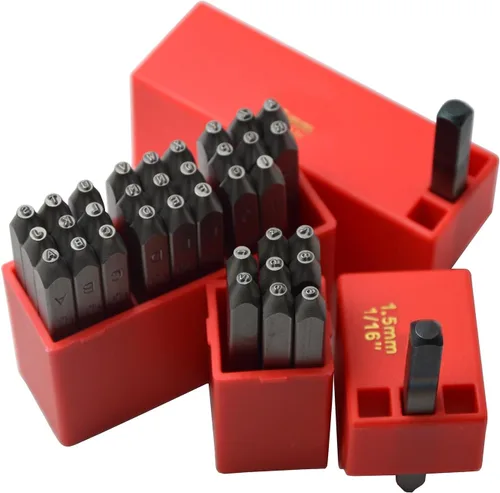 Miniatura 50 de Juego de 27 sellos de acero resistente con letras mayúsculas de 3/64" 1mm, kit de punzones de alfabeto para estampado a mano de caracteres, código