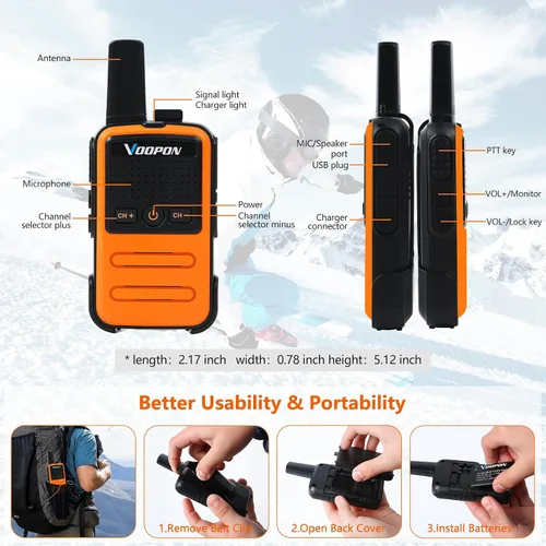 Miniatura 5 de Mini walkie talkies recargables C56TB para adultos, radios bidireccionales, transceptor compacto de largo alcance con cargador USB C para familia