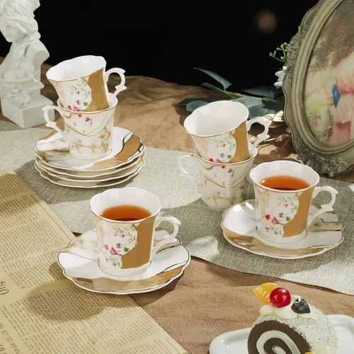 Miniatura 5 de fanquare Juego de 6 mini tazas de café de 2.7 onzas para expreso, tazas de té de porcelana floral con patrón de mármol, tazas y platillos