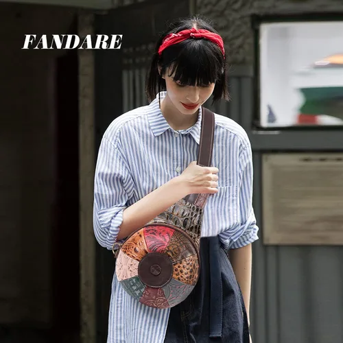 Miniatura 2 de FANDARE Mochila bandolera de cuero genuino de retazos para mujer, bolsa cruzada para mujer