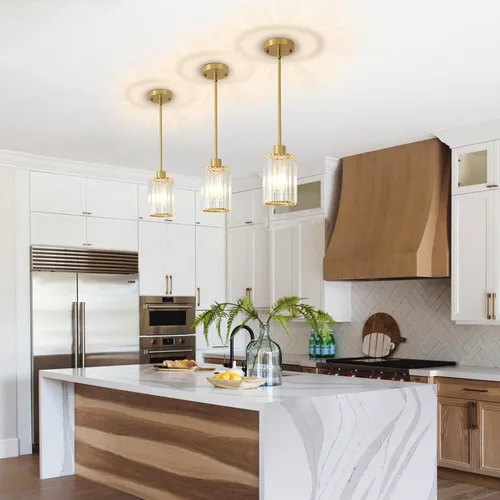 Miniatura 7 de Lámparas colgantes de cristal, paquete de 3 unidades de lámparas colgantes en oro cepillado para isla de cocina, modernas mini lámparas colgantes