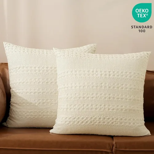 Miniatura 7 de PHF Fundas de almohada con tejido de gofre de 24" x 24", paquete de 2, funda de almohada cuadrada 100% algodón para decoración de ropa de cama, sin