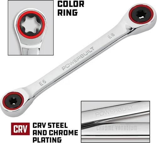 Miniatura 4 de Powerbuilt Llave E-Star E6/E8 de doble extremo de caja de trinquete, oscilación de 5 grados, 72 dientes, anillo de color rojo, herramienta de mano