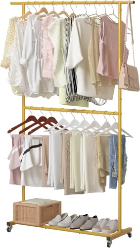 Miniatura 8 de Sywhitta Perchero de ropa de doble barra, colgador de abrigos rodante con malla inferior, perchero para colgar ropa, abrigos, faldas, suéteres