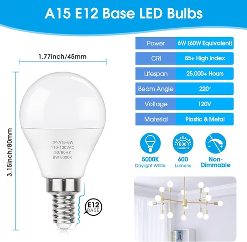 Miniatura 2 de MAXvolador Bombillas LED E12 Equivalente a 60W Luz de Día Blanca 5000K para Ventilador de Techo, 600LM CRI 85+ Bombillas Candelabro Base Pequeña, 6W