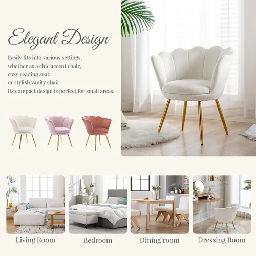 Miniatura 5 de chairus Silla de tocador de maquillaje blanca crema con respaldo, pequeña silla moderna tapizada de terciopelo con patas de metal dorado, bonita