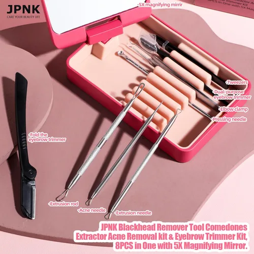 Miniatura 2 de JPNK Herramienta removedor de puntos negros, kit de eliminación de acné y kit de recortador de cejas, 8 piezas en uno con espejo de aumento 5X