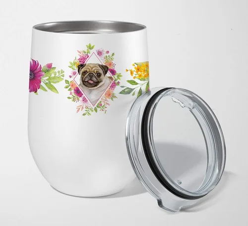 Miniatura 121 de Caroline's Treasures CK4110TBL12 Afghan Hound Pink Flowers - Vaso de vino aislado de acero inoxidable de 12 onzas con tapa, bonita taza de viaje