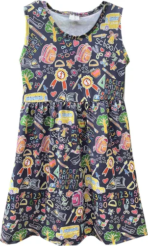 Miniatura 5 de Vestidos de regreso a la escuela para niñas pequeñas: manzana, lápices, ratón de biblioteca, autobús escolar, pegamento, telurión, pizarra arcoíris