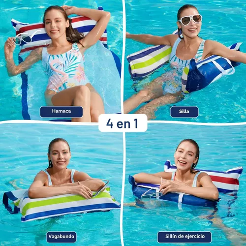 Miniatura 2 de Jasonwell Hamaca inflable para piscina, paquete de 2 hamacas de agua, flotadores de piscina multiusos (silla de montar, tumbonas flotantes) 4 en 1