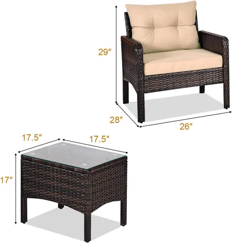 Miniatura 3 de RELAX4LIFE Juego de muebles de patio de 3 piezas, juego de conversación de mimbre de ratán PE para exteriores con mesa de centro de cristal y Beige