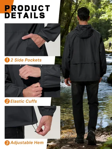 Miniatura 5 de Chaqueta impermeable para hombre, rompevientos, ciclismo, correr, senderismo, golf, viajes, capucha, ligera, plegable
