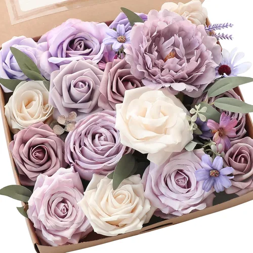 Miniatura 33 de Floroom - Flores artificiales de aspecto real en color lila, lavanda, púrpura y crema, rosas falsas, dalias y vegetación en conjunto de caja