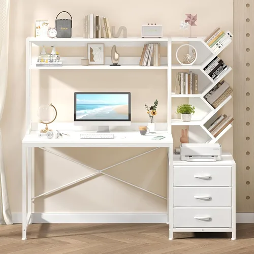 Miniatura 10 de YOMILUVE Escritorio reversible para computadora con gabinete, escritorio de oficina en casa con cajones y estantería, escritorio de estudio de 52