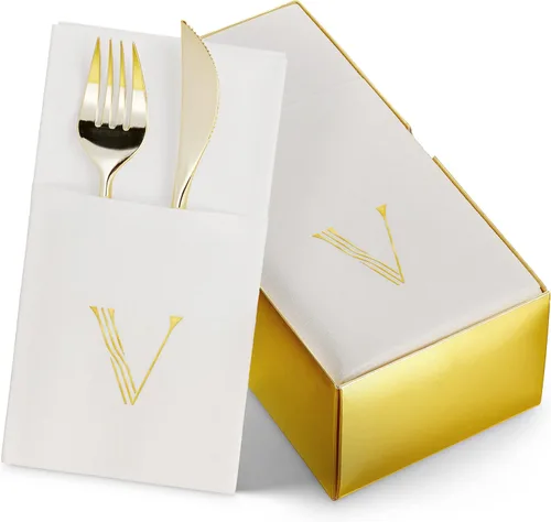 Miniatura 10 de Paquete de 50 servilletas con monograma con bolsillo para cubiertos, 16 x 16 pulgadas, servilletas desechables de lino con letra B, servilletas