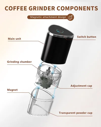 Miniatura 2 de Molinillo de café eléctrico portátil, diseño ergonómico de ajuste de palma para un agarre cómodo, carga inalámbrica USB tipo C, ajustes de molienda
