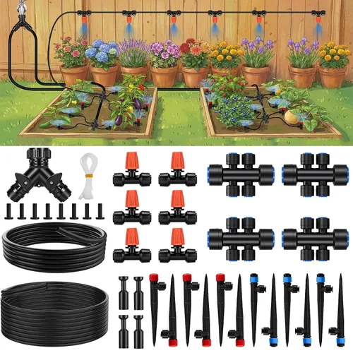 Miniatura 10 de Kit de sistema de riego por goteo ajustable de 360° de 100 pies, tubo de polietileno de 1/4 de pulgada con 20 boquillas flexibles, sistema
