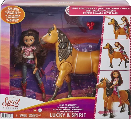 Miniatura 7 de Mattel Spirit Untamed Muñeca Lucky y Figura de Caballo Spirit, Set de Juego Cabalgar Juntos y 2 Accesorios, la Muñeca "Salta" y "Monta" en Caballo