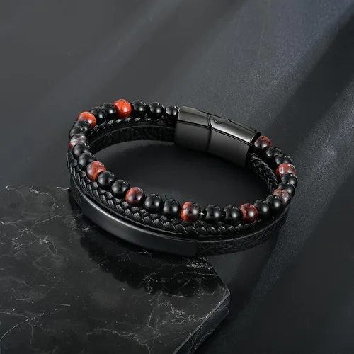 Miniatura 5 de Pulsera de cuentas de piedra volcánica de piedra volcánica de ónix negro y ojo de tigre mate para hombre, pulsera de cuero trenzado negro para hombre
