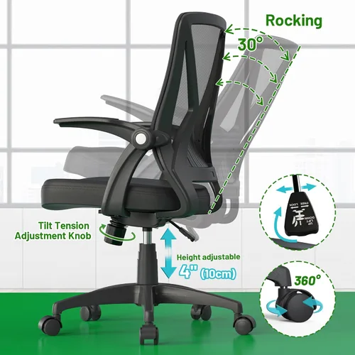 Miniatura 4 de Silla de escritorio ergonómica con brazos abatibles, soporte lumbar para trabajo, estudio, adultos y estudiantes